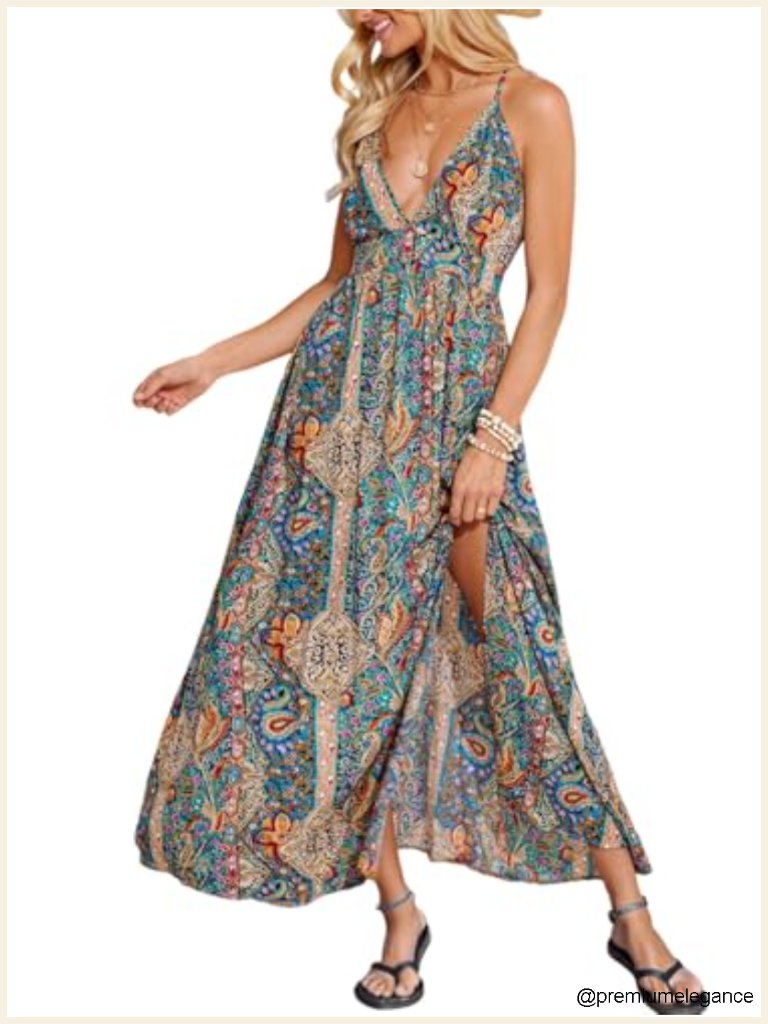 Sleeveless Maxi Dress - Plunge V-Neck Spaghetti Strap Flowy Boho